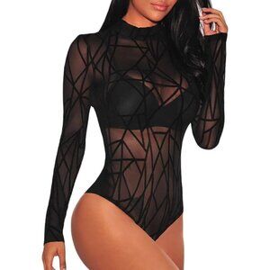 Women's Long Sleeves Sheer Black Mesh Leotard  Jumpsuit Body Tops